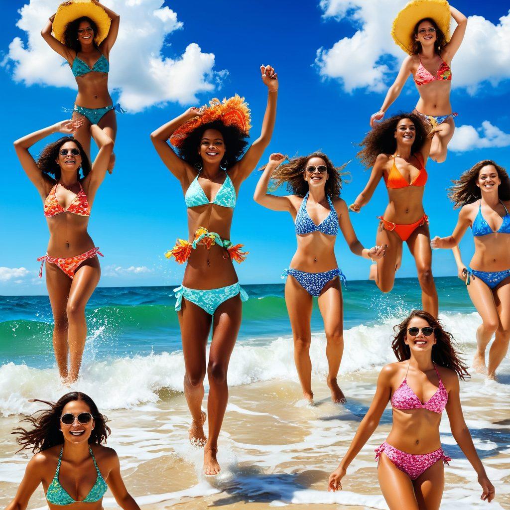 A dynamic beach scene with a diverse group of women showcasing vibrant and trendy bikinis, playfully splashing in the waves. Include sun-kissed skin, colorful beach accessories, and a bright blue sky dotted with fluffy white clouds. The atmosphere should exude joy, fun, and carefree summer vibes. super-realistic. vibrant colors. white background.